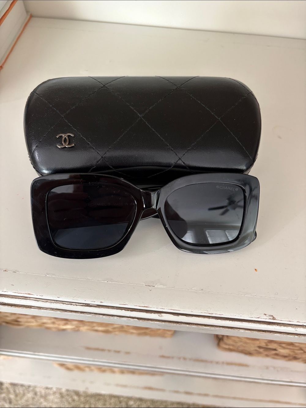 CHANEL Black Oversized Square Sunglasses with Quilted Case EUC